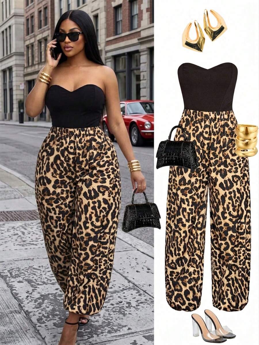 SOLERSUN Plus-Size Letter Print Print Light Luxury Loose Casual Simple Everyday Versatile Commuter Trousers - Brown - View 1