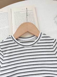 LMoss Kids Bộ đồ thể thao cho bé gái, gồm áo thun ngắn tay kẻ sọc và quần ống rộng, thích hợp cho kỳ nghỉ và đi làm, mùa xuân/hè/thu. - màu đen - Xem 3