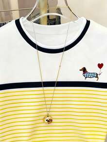 Resyla 女士腊肠犬条纹印花短袖休闲圆领T恤 - 彩色 - 查看 3