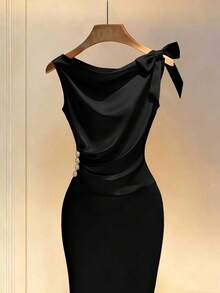 Elenzga Đầm satin dệt kim thanh lịch dành cho nữ, cổ chữ V xẻ sâu, không tay, điểm nhấn là nơ thắt vai, eo xếp ly, đính ngọc trai ánh kim, dài đến mắt cá chân, sang trọng và duyên dáng. - màu đen - Xem 6