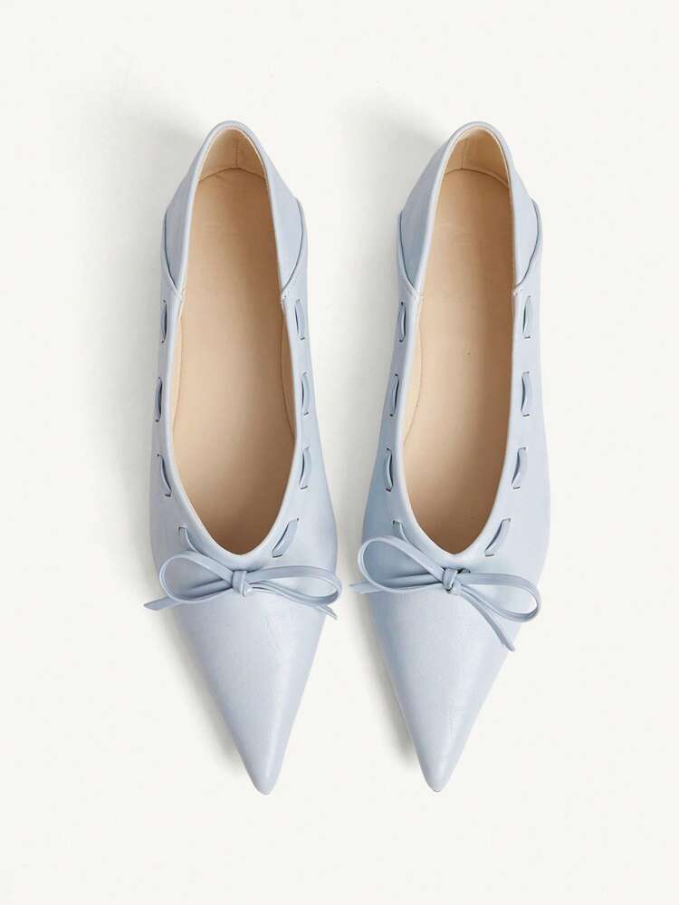 CUCCOO CHICEST Pointed Toe, Low Vamp Bow, Flat Bottom, Comfortable And Versatile, Fashionable Soft Sole, Elegant Fairy Shoes, Light Blue Ballet Women's Shoes