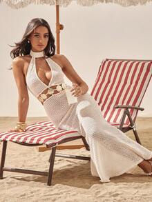 Silquee Women's Sleeveless Mesh Knit Metal Buckle Decor Dress, Spring/Summer Zig Zag Dress Guest Wedding Vacation Beach Golf White Sexy Tropical - Apricot - View 8