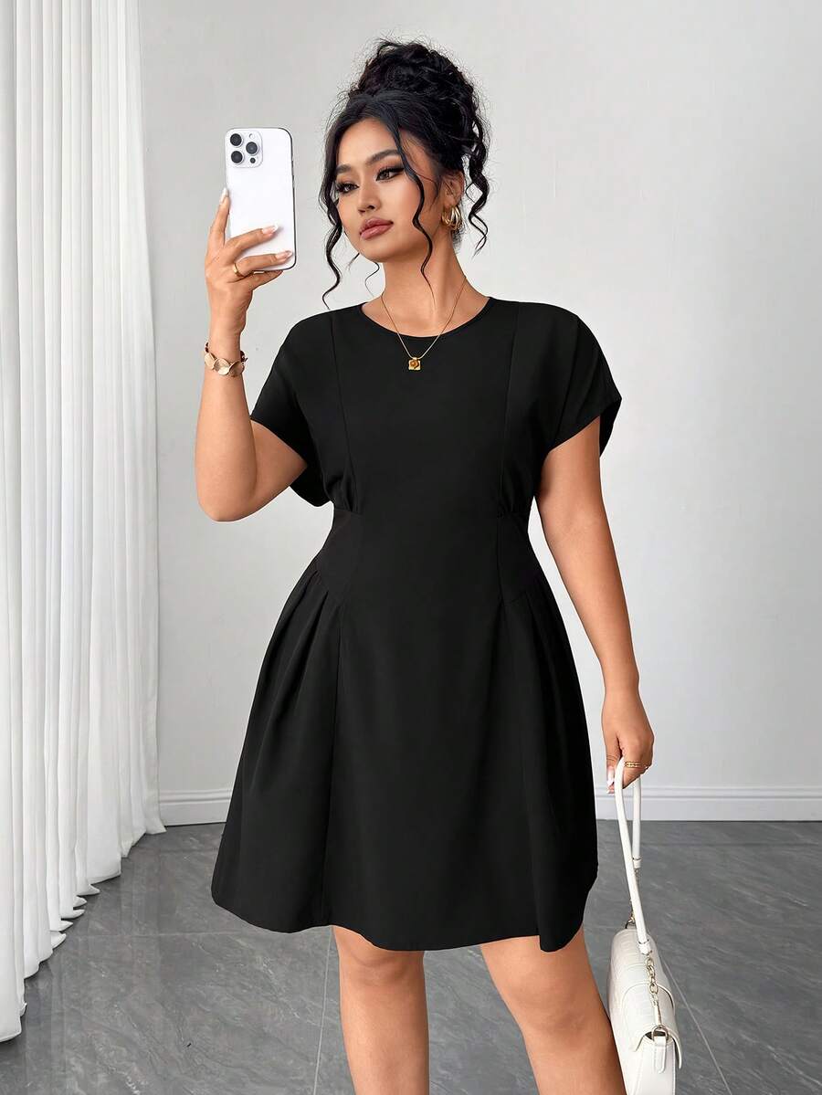 Elenzga Đầm nữ cỡ lớn bán chạy nhất mùa xuân/hè, cổ tròn, dáng ôm thanh lịch, tay áo cánh dơi, thiết kế chữ A tối giản, phù hợp cho đi làm hàng ngày, dự tiệc, sự kiện câu lạc bộ. - màu đen - Xem 1