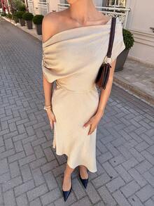 优雅纯色不对称连衣裙，适合通勤和夏季穿着 - 杏色 - 查看 4