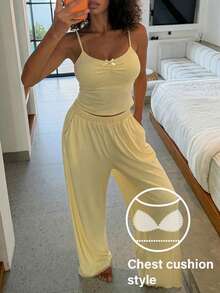 Livesso 女士夏季白色提花针织吊带背心和裤子睡衣套装 - 黃色 - 查看 7