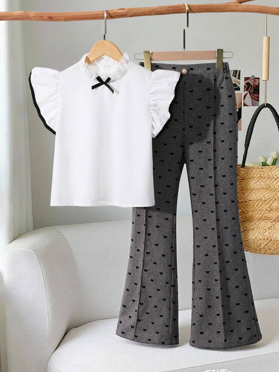 1 Conjunto de Blusa de Manga Corta con Lazo Blanco Vintage Casual y Pantalones Acampanados para Niñas, Conjunto de Verano