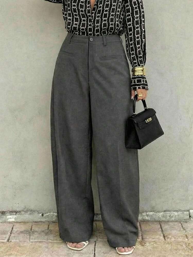 Women's Summer Grey Smart Casual Office Suit Pants,Fashionable Luxurious Loose Fit Dark Plus Size Elegant Niche Design Ladies Trousers For Commuting