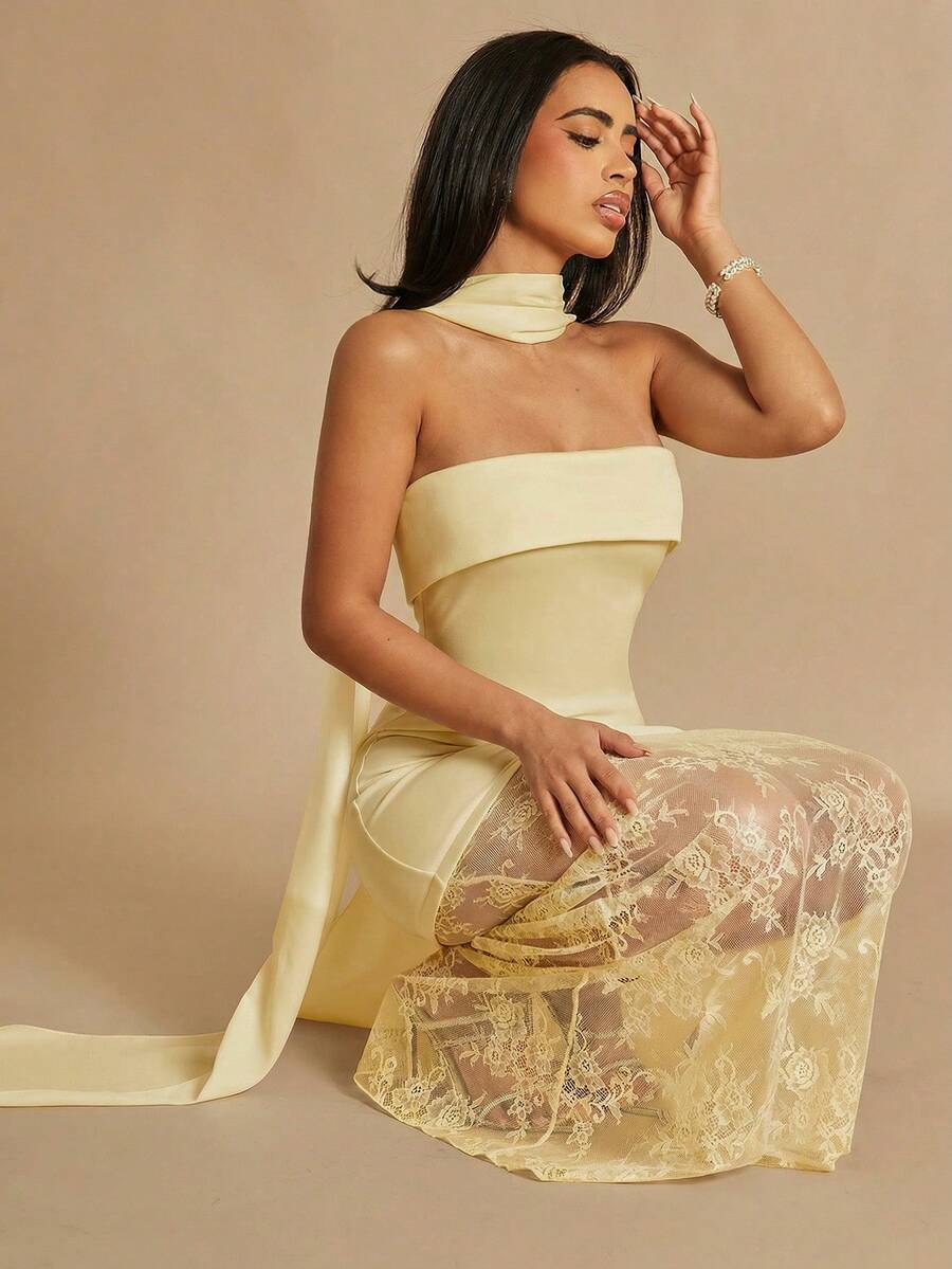 Silquee Sommerliches weißes trägerloses Spitzen-Patchwork-Chiffon-Kleid für Frauen, sexy und elegant, geeignet für Partys, Zusammenkünfte, Dates, Ausflüge, als Hochzeitsgast-Outfit für Damen - Aprikosenfarben - Übersicht 1