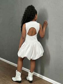SHEIN Tween Girls Casual Floral Puff Dress, Versatile Daily Wear & Fashionable Streetwear - White - View 4