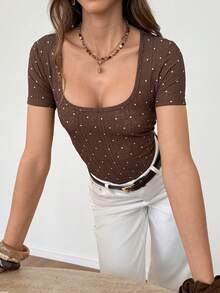 SHEIN Frenchy Women's Striped Contrast Color Pleated Basic Simple T-Shirt - Brown - View 2