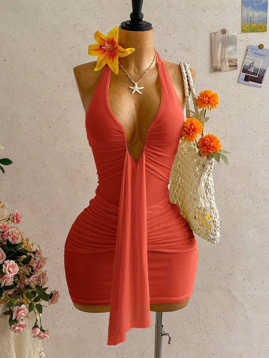 Soleia Gaun Mini Wanita Warna Polos dengan Desain Ruffle dan Tali Pengikat, Model Seksi dengan Pinggang Ramping, Cocok untuk Kencan dan Pesta, Gaun Musim Panas untuk Wanita - Coral Orange - View 1
