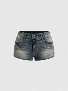 ROMWE Summer Y2K Baddie Music Festival Vintage Studded Distressed Super Low-Rise Denim Mini Shorts For Women - Blue - View 1