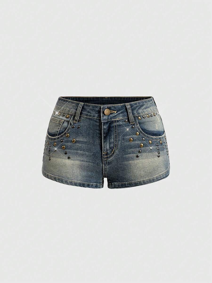 ROMWE Summer Y2K Baddie Music Festival Vintage Studded Distressed Super Low-Rise Denim Mini Shorts For Women - Blue - View 1