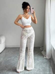SHEIN Elenzya Quần len dệt kim khoét lỗ thanh lịch dành cho nữ - Màu be - Xem 3