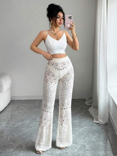 Elenzga Quần len dệt kim khoét lỗ thanh lịch dành cho nữ