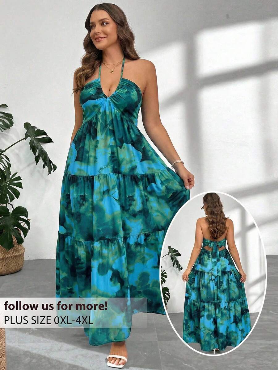 Firerie Plus Size Casual Vacation Floral Print Halter Neck Dress - Green - View 1