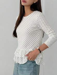 Women's Polka Dot Print Ruffle Hem Long Sleeve Blouse, Summer - Multicolor - View 8