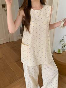 DAZY Women's Minimalist Comfortable Floral Pocket Top And Casual Lounge Pants Pajama Set Summer - Beige - View 12