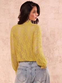 SHEIN Glamour 薄纱蕾丝衬衫，棕色蕾丝女式衬衫 - 黃色 - 查看 2
