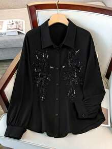 SHEIN Clasi 大码女式优雅亮片刺绣水钻灯笼袖衬衫 - 黑色 - 查看 3