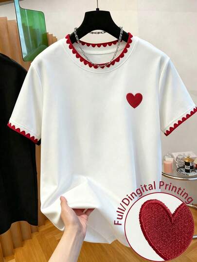 Resyla Men's Heart-Motif Faux-Embroidery T-Shirt | Red Scalloped Crew Neck | Casual Preppy Short-Sleeve Tee