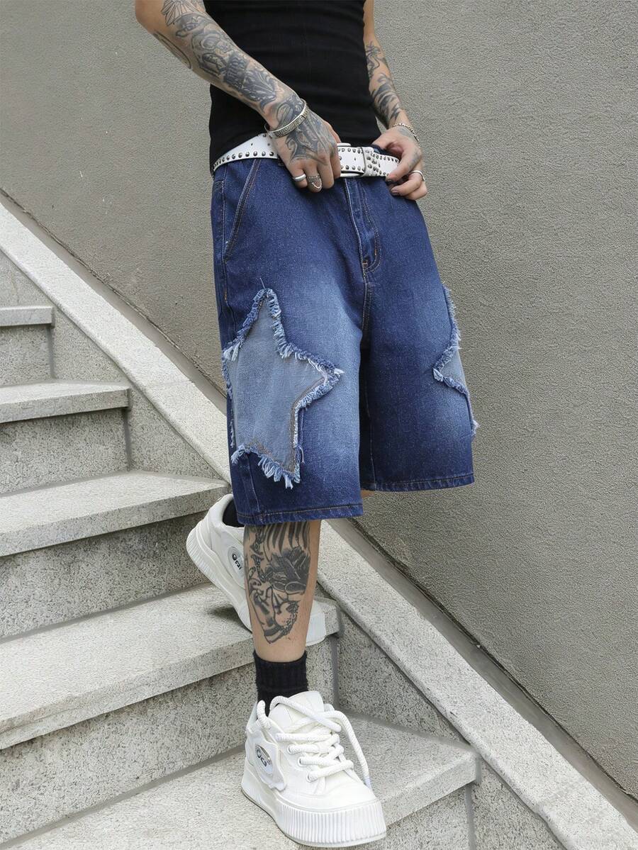 Manfinity EMRG Men Patch Wide Leg Denim Shorts With Reverse Star Print - Blue - View 1