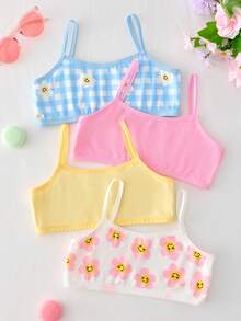 4 件套女童无袖圆领夏季吊带背心，饰有多色粉色、蓝色、黄色和白色卡通甜甜圈和冰淇淋食物图案，结合简约的花卉和格子图案，采用柔软轻盈的针织面料制成，适合日常休闲穿着和舒适的打底内衣。 - 彩色 - 查看 5