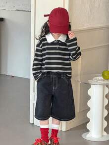 DAZY Quần short denim dáng rộng thoải mái cho bé gái mùa xuân - Màu xám đen - Xem 3
