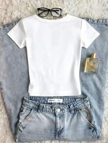 Camiseta corta de mujer de estampado floral casual, de verano - Blanco - Ver 2