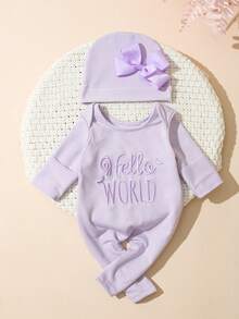 SHEIN 2件組新生兒女嬰攝影套裝 刺繡連身褲與蝴蝶結帽子 柔軟夏日色調 秋季男嬰新生兒拍照服 甜美公主風 0-3M - 紫色 - 查看 8