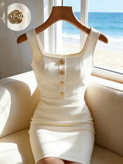 Franclia 女士优雅方领金属色修身杏色连衣裙，夏季连衣裙，时尚派对连衣裙