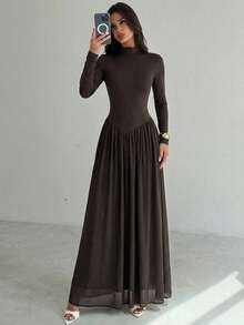 Firerie 女士休闲优雅长袖连衣裙，A字版型，棕色连衣裙/冬季连衣裙/秋季连衣裙/春季连衣裙/派对连衣裙/女士休闲连衣裙 - 巧克力棕 - 查看 5