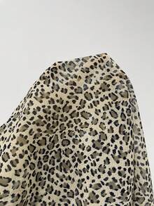 SHEIN Clasi Women's Leopard Print Colorblock Bubble Sleeves Shirt With Black-Edged Ruffles And Button Placket - Apricot - View 3