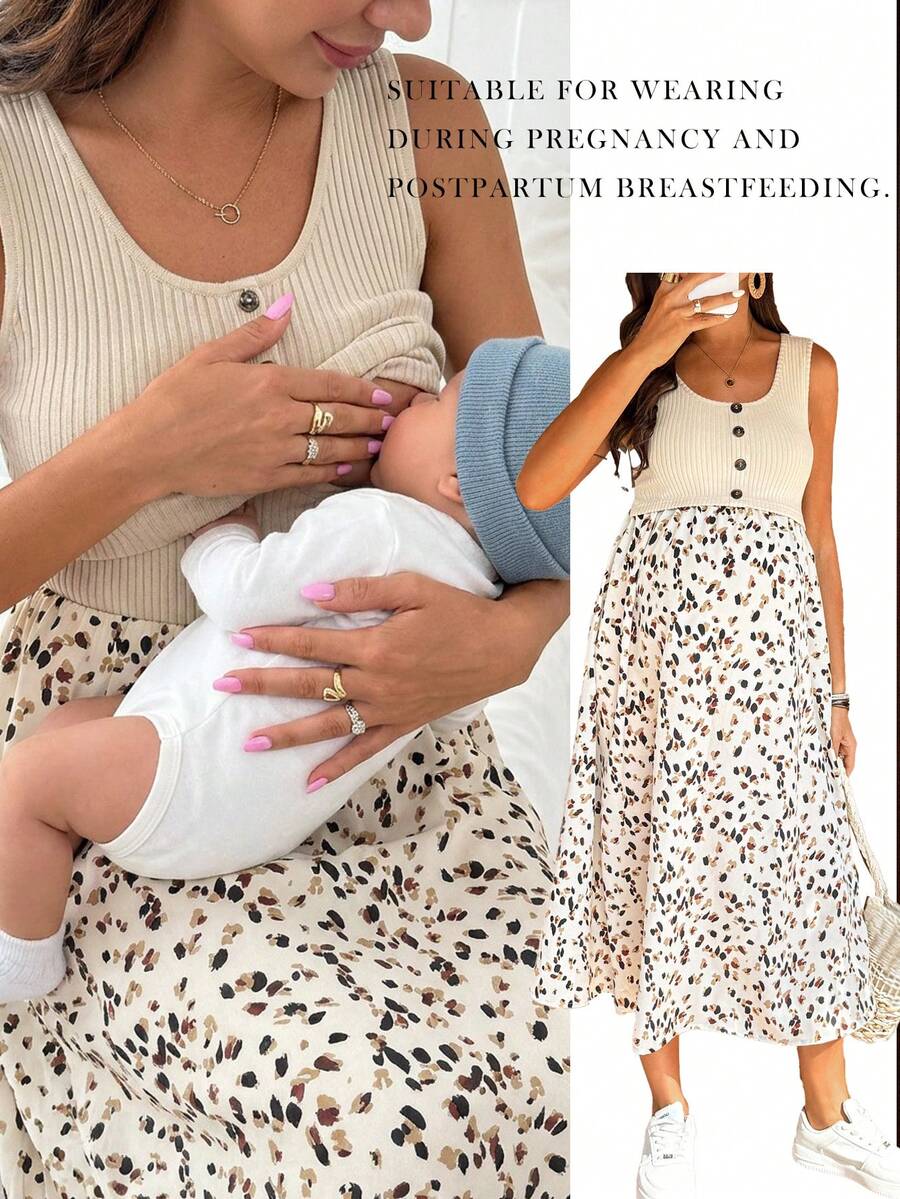Maternity Casual Printed Patchwork Sleeveless Nursing Dress - Khaki - View 1