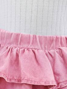 SHEIN Toddler Girls' Denim Shorts With Ruffle Trim, Soft & Comfortable Lightweight Fabric, Spring/Summer - Pink - View 5