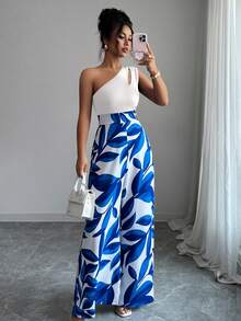 SHEIN Elenzya 女士斜肩拼接印花直筒连体裤 - 寶藍色 - 查看 1
