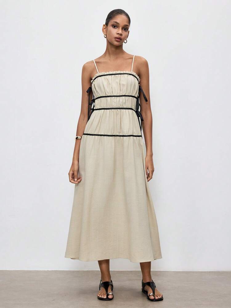 SHEIN Maija Women's Vacation Fashion Pleated Contrast Color Tie Waist Casual Dress, Suitable For Beach,Vacation Outfits Women