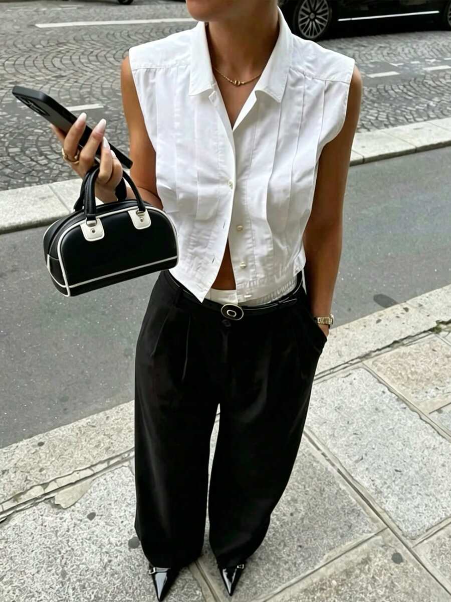 Siren Gaze 女士休闲无袖纯色衬衫，夏季 - 白色 - 查看 1