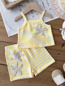 SHEIN 2 piezas Conjunto casual y lindo para niñas bebé con top sin mangas de punto jacquard a rayas + shorts de cintura elástica, adecuado para salidas de verano o vacaciones - Amarillo - Ver 7