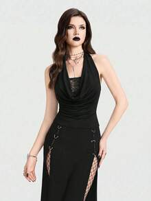 Breakform Damen Gothic Sexy drapierter Ausschnitt rückenfrei anliegendes Camisole, Damen drapierter Ausschnitt Camisole, Damen Spitze Patchwork Strickstoff drapierter Ausschnitt Camisole, Damen schwarzes drapiertes Ausschnitt Camisole - Schwarz - Übersicht 5
