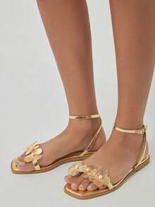 Solezae Sandal đế bằng quai ngang mắt cá chân họa tiết hoa, thời trang và thoải mái dành cho nữ. - Vàng - Xem 2