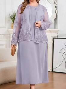 Modelyn Plus Size Elegant Commuter Solid Color Lace Sleeveless Dress Two Pieces Set Fall - Dusty Purple - View 7