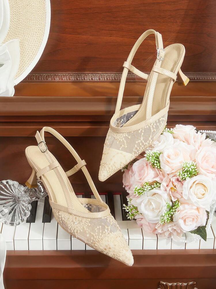 CUCCOO HITCHD Women Shoes Women's Apricot Lace Mesh Wedding Shoes Bridesmaids Pointy Rear Thin Banquet High Heels