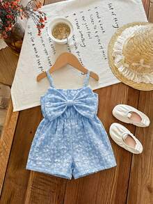 SHEIN LMoss Kids 女婴可爱休闲夏季蓝白条纹蝴蝶结装饰吊带连体衣 - 藍色 - 查看 3