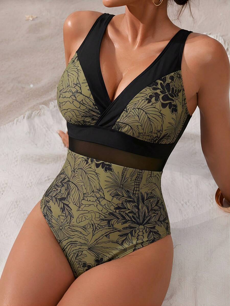 Swim Lushoire 女士热带印花拼接连体泳衣 - 彩色 - 查看 1