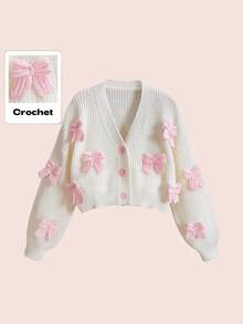 ROMWE Kawaii Áo khoác cardigan dệt kim nơ 3D dễ thương Himekaji dành cho nữ cỡ lớn, thích hợp cho mùa đông. - Màu be - Xem 1