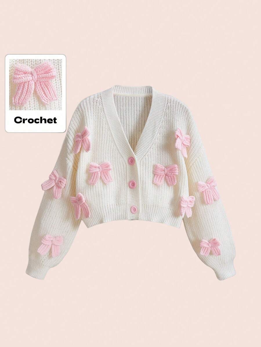ROMWE Kawaii Áo khoác cardigan dệt kim nơ 3D dễ thương Himekaji dành cho nữ cỡ lớn, thích hợp cho mùa đông. - Màu be - Xem 1