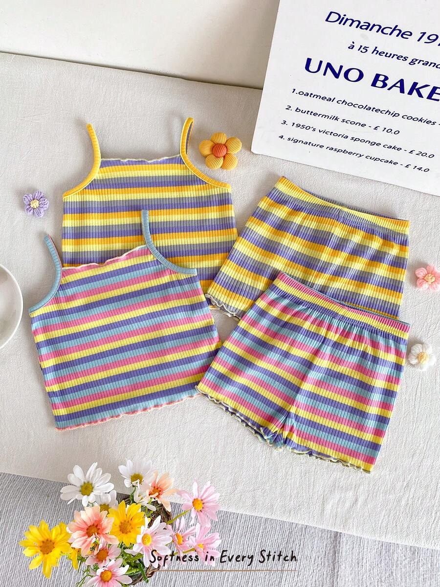 Cozy Pixies Bộ 4 món cho bé gái, áo hai dây và quần short dệt kim kẻ sọc kiểu dáng thường ngày. - Nhiều màu - Xem 1