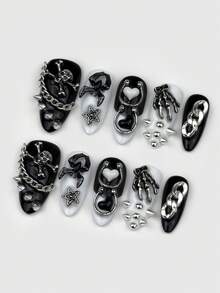 ROMWE 10 miếng móng giả phong cách Gothic Dark Punk, gồm hình dây xích đầu lâu, móng vuốt nhện, đinh tán tình yêu và một miếng băng dính hai mặt. - Đen và trắng - Xem 2