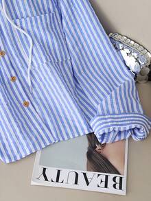 Resyla New Arrival Loose Fit Blue Striped Hooded Plus Size Sun Protection Shirt - Blue - View 4